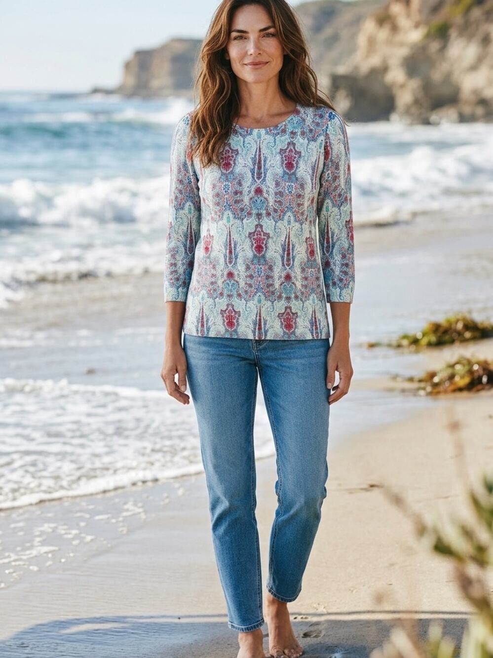 Talbots Paisley Crewneck Tee in mint green Blue, Pink and Teal 3/4 sleeves Med